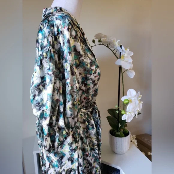 NWT DYVNA belted printed chiffon trimmed hammered silk satin midi length dress